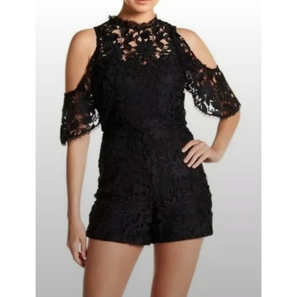 Alice + Olivia Black Lace Romper Shorts Jumpsuit Cold Shoulder Party Cocktail 2